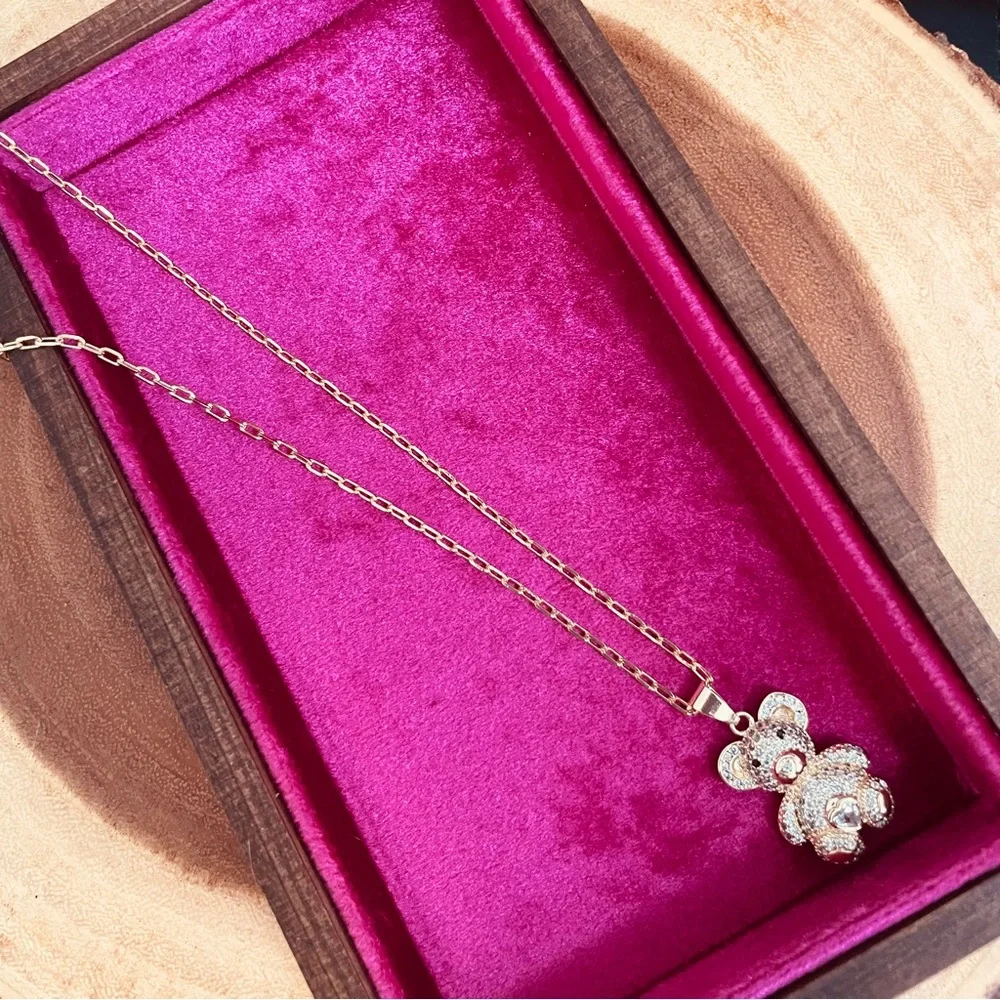 Iced Out Teddy Bear Paperclip Necklace 18K Yellow Gold Filled NWOT